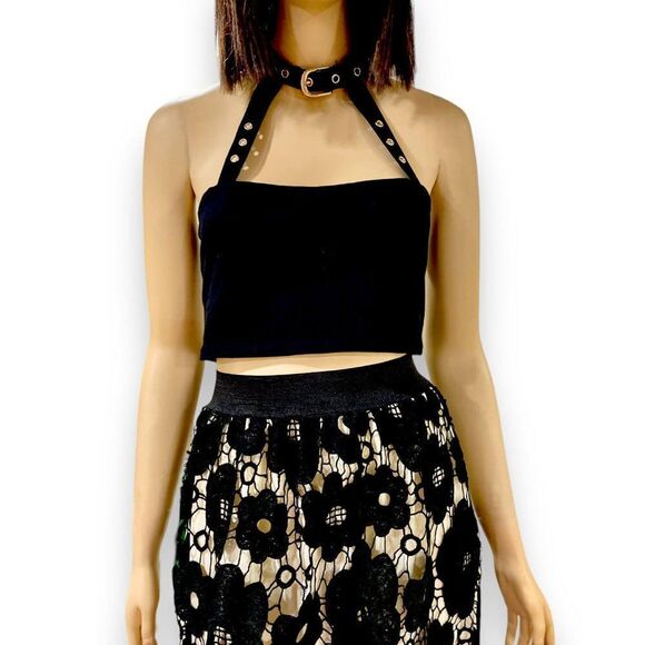 Tops - Black Cut Out Buckle Collar Crop Top NEW